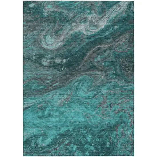 Teal Blue Aqua And Gray Abstract Washable Indoor Outdoor Area Rug Photo 2