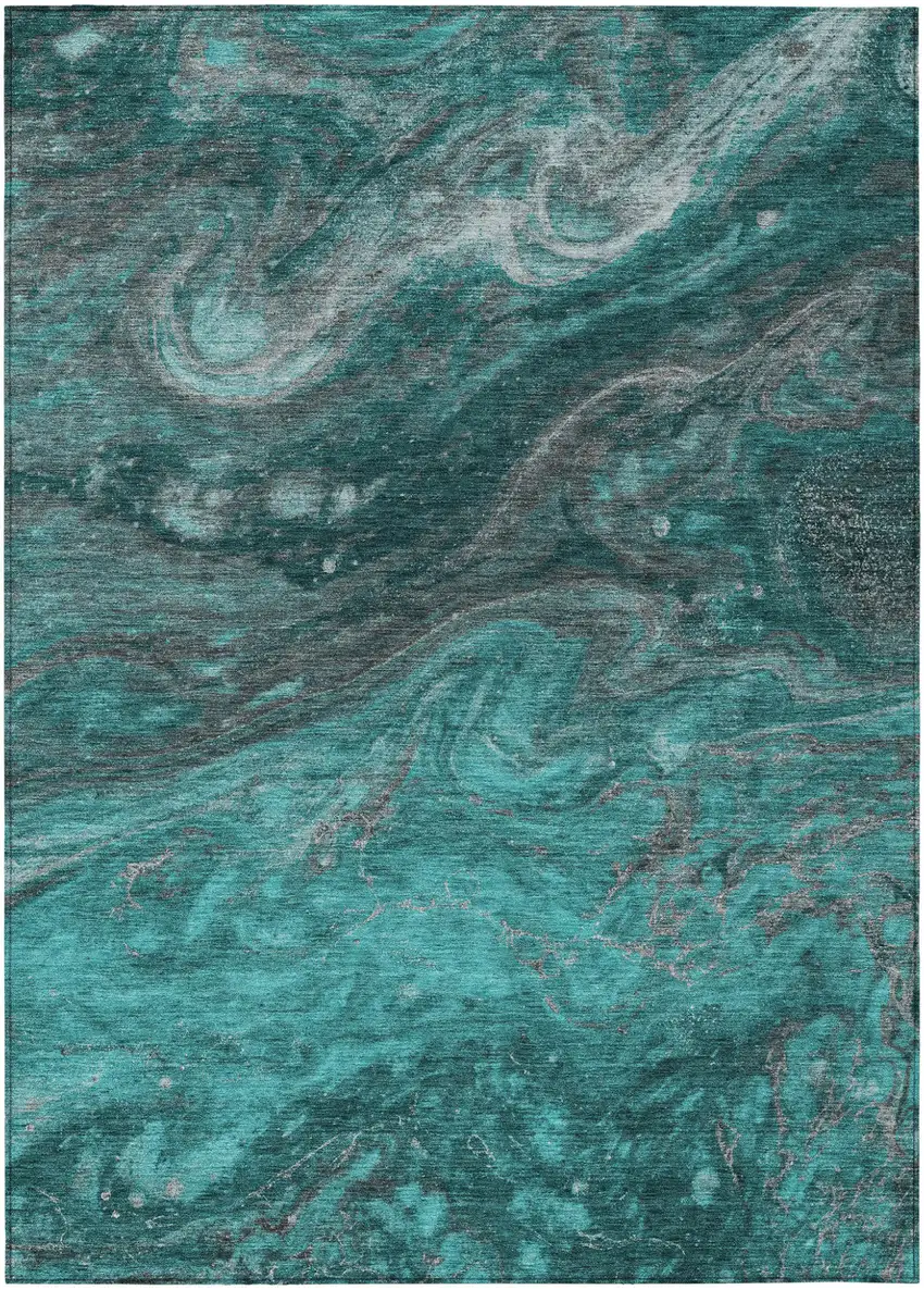 Teal Blue Aqua And Gray Abstract Washable Indoor Outdoor Area Rug Photo 2