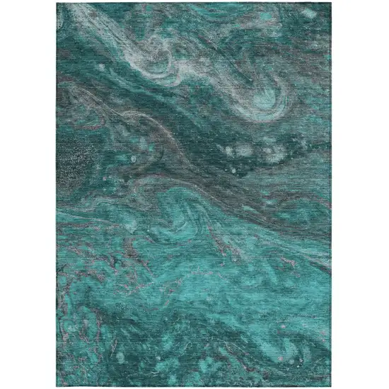 Teal Blue Aqua And Gray Abstract Washable Indoor Outdoor Area Rug Photo 5