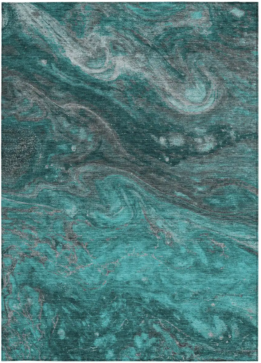Teal Blue Aqua And Gray Abstract Washable Indoor Outdoor Area Rug Photo 6