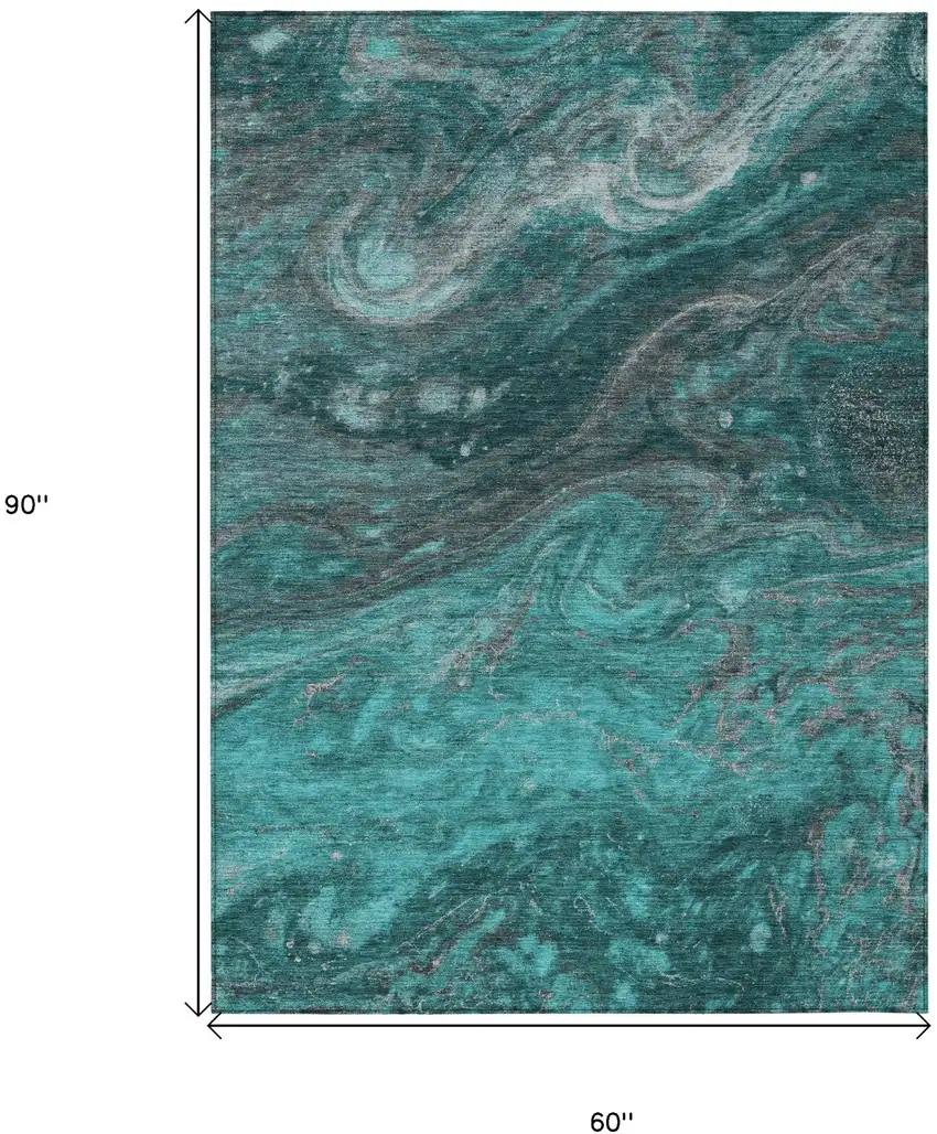 Teal Blue Aqua And Gray Abstract Washable Indoor Outdoor Area Rug Photo 3