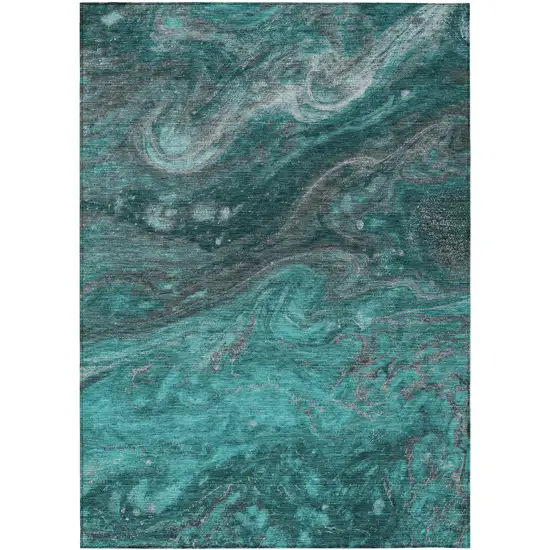 Teal Blue Aqua And Gray Abstract Washable Indoor Outdoor Area Rug Photo 2