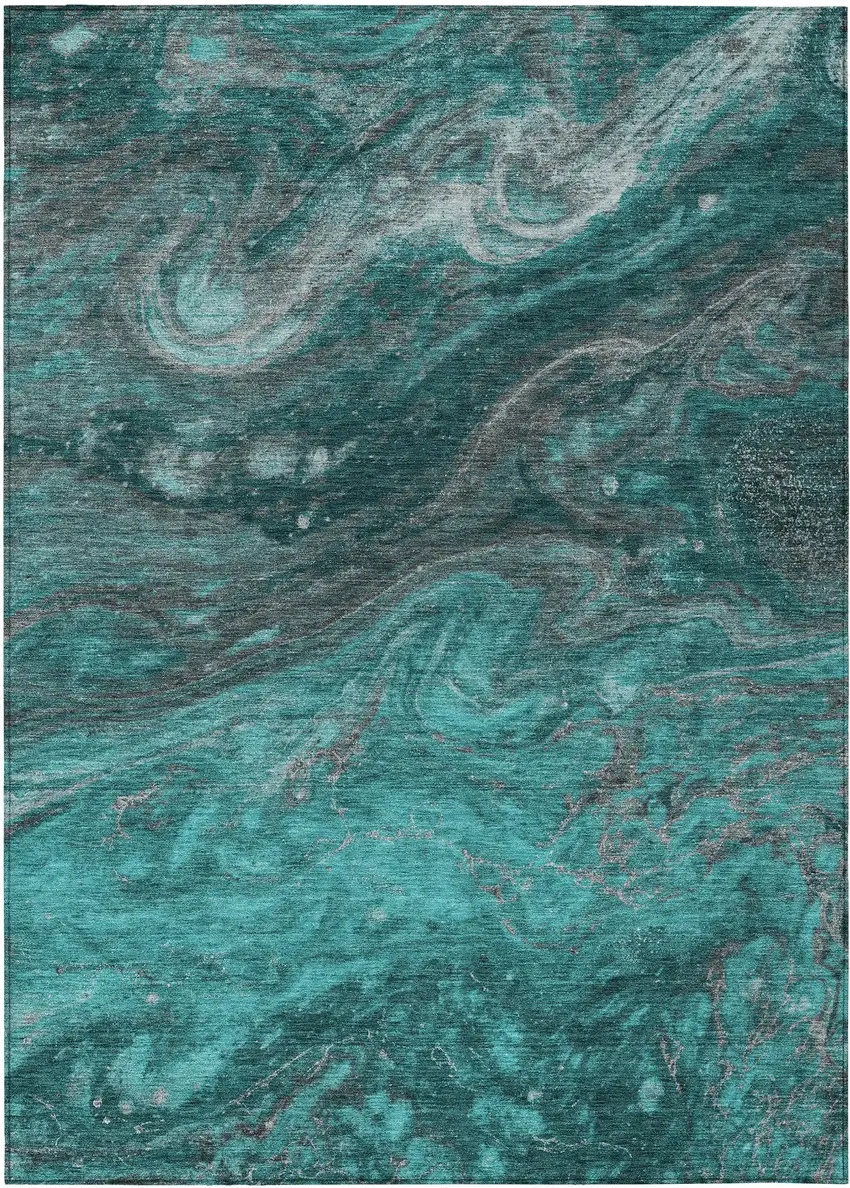 Teal Blue Aqua And Gray Abstract Washable Indoor Outdoor Area Rug Photo 2