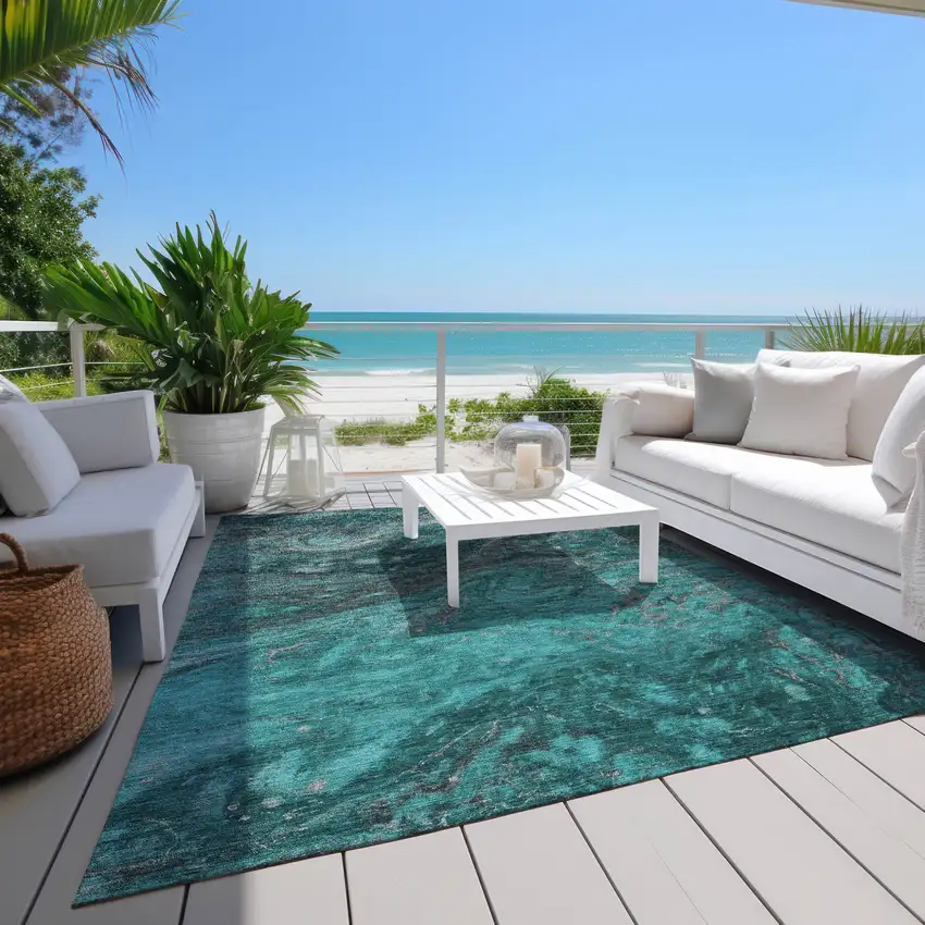 Teal Blue Aqua And Gray Abstract Washable Indoor Outdoor Area Rug Photo 9