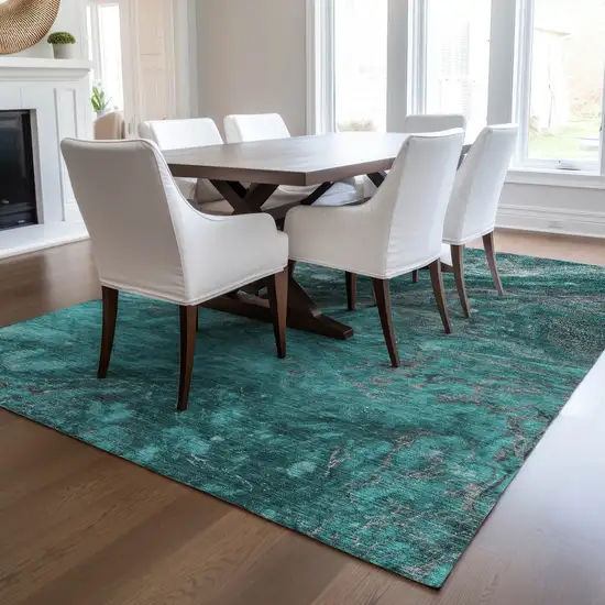 Teal Blue Aqua And Gray Abstract Washable Indoor Outdoor Area Rug Photo 8