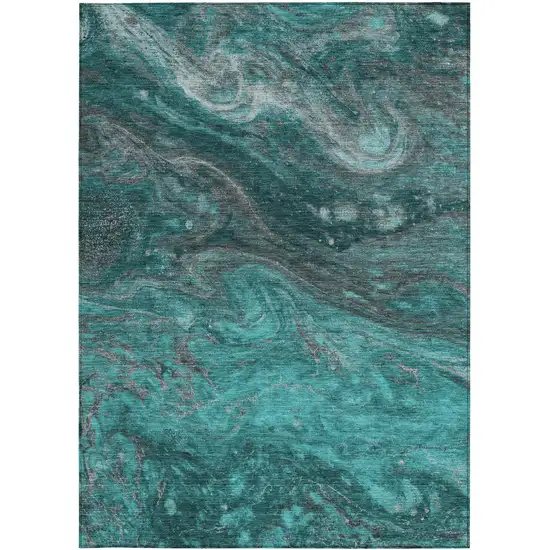 Teal Blue Aqua And Gray Abstract Washable Indoor Outdoor Area Rug Photo 6