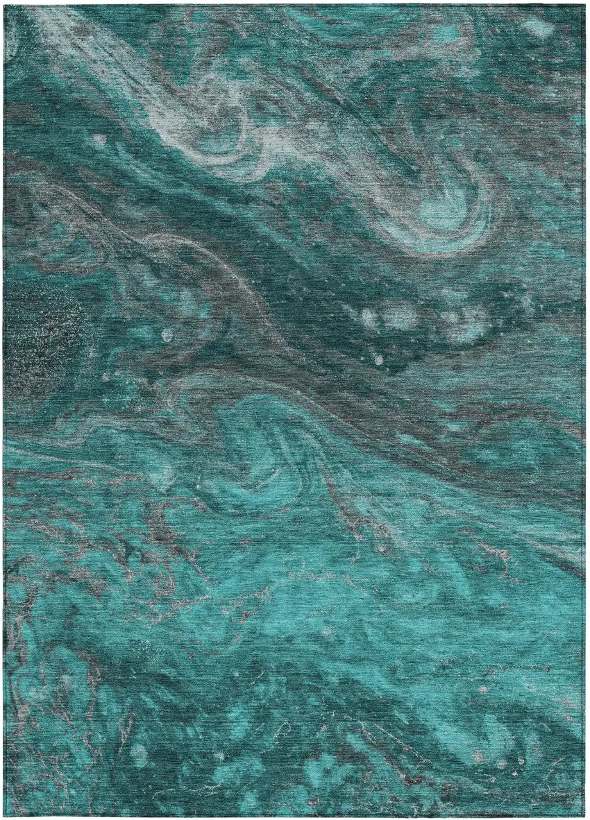 Teal Blue Aqua And Gray Abstract Washable Indoor Outdoor Area Rug Photo 6
