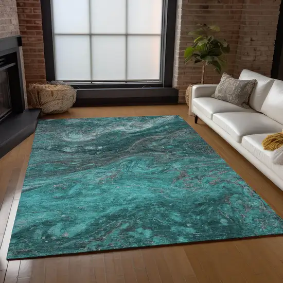 Teal Blue Aqua And Gray Abstract Washable Indoor Outdoor Area Rug Photo 9