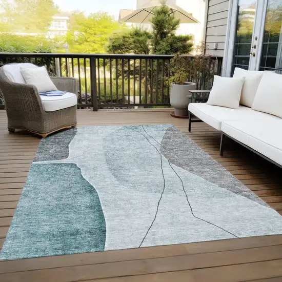Teal Blue Aqua And Gray Abstract Washable Indoor Outdoor Area Rug Photo 9