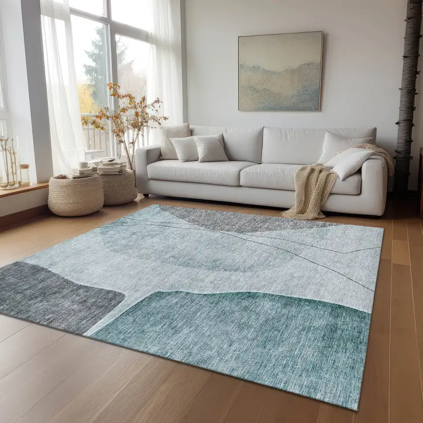 Teal Blue Aqua And Gray Abstract Washable Indoor Outdoor Area Rug Photo 8