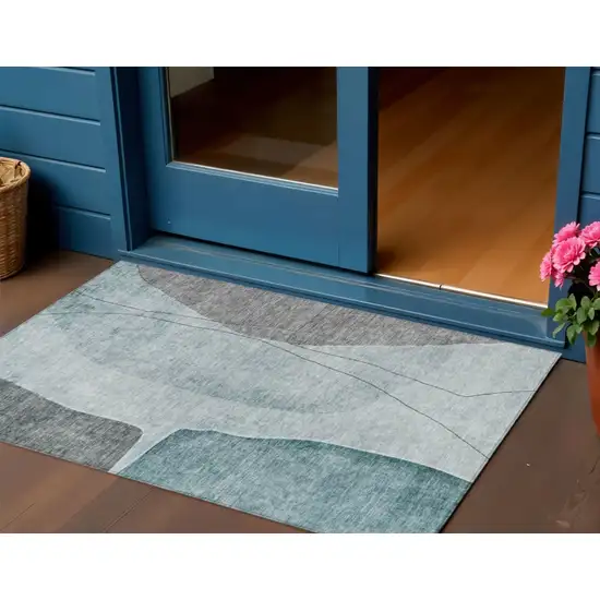 Teal Blue Aqua And Gray Abstract Washable Indoor Outdoor Area Rug Photo 1