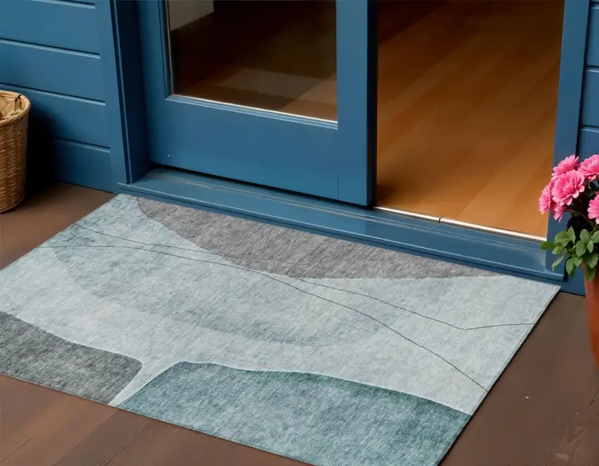 Teal Blue Aqua And Gray Abstract Washable Indoor Outdoor Area Rug Photo 1