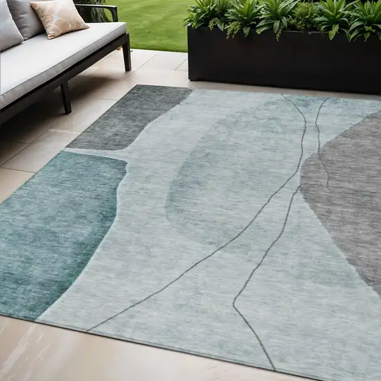 Teal Blue Aqua And Gray Abstract Washable Indoor Outdoor Area Rug Photo 1