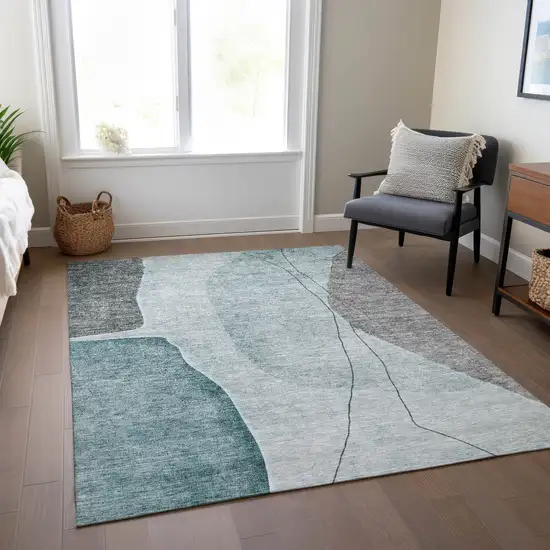 Teal Blue Aqua And Gray Abstract Washable Indoor Outdoor Area Rug Photo 7