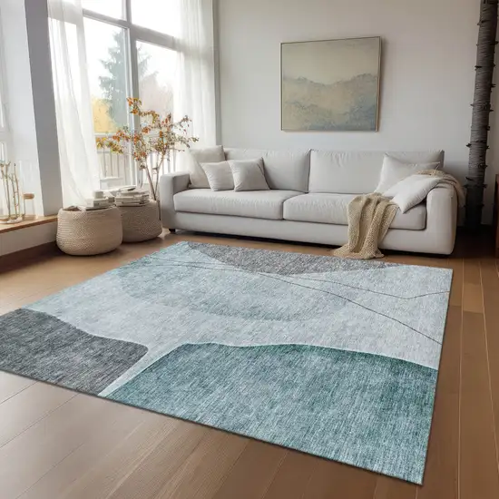 Teal Blue Aqua And Gray Abstract Washable Indoor Outdoor Area Rug Photo 8