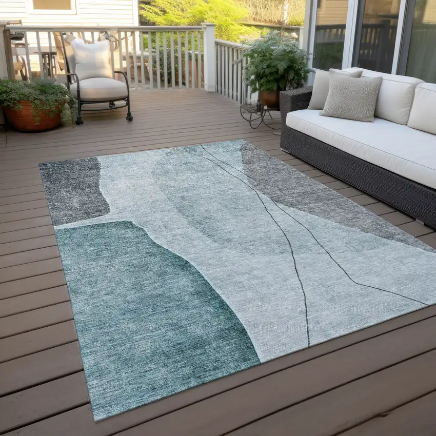 Teal Blue Aqua And Gray Abstract Washable Indoor Outdoor Area Rug Photo 6