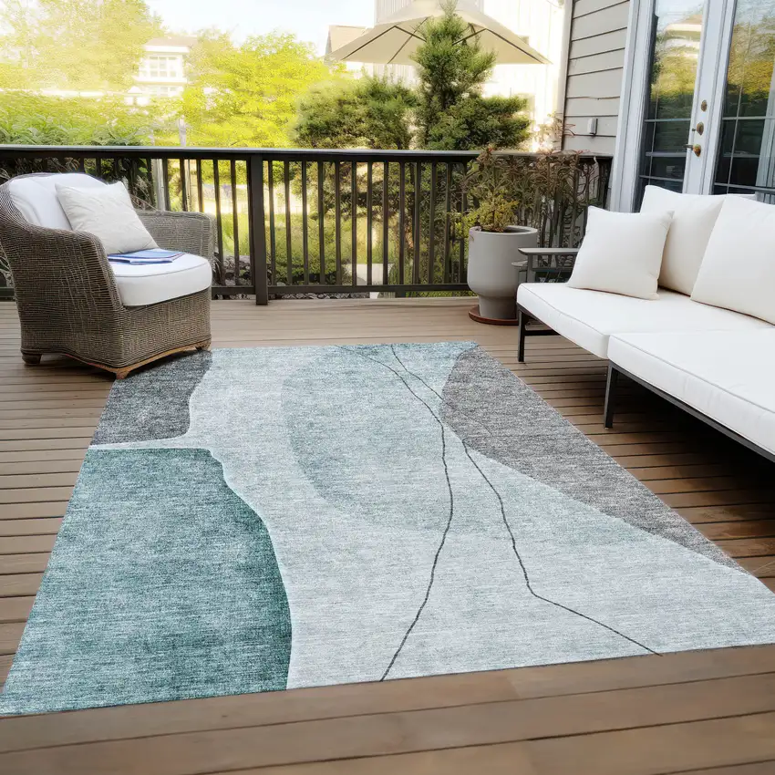 Teal Blue Aqua And Gray Abstract Washable Indoor Outdoor Area Rug Photo 9