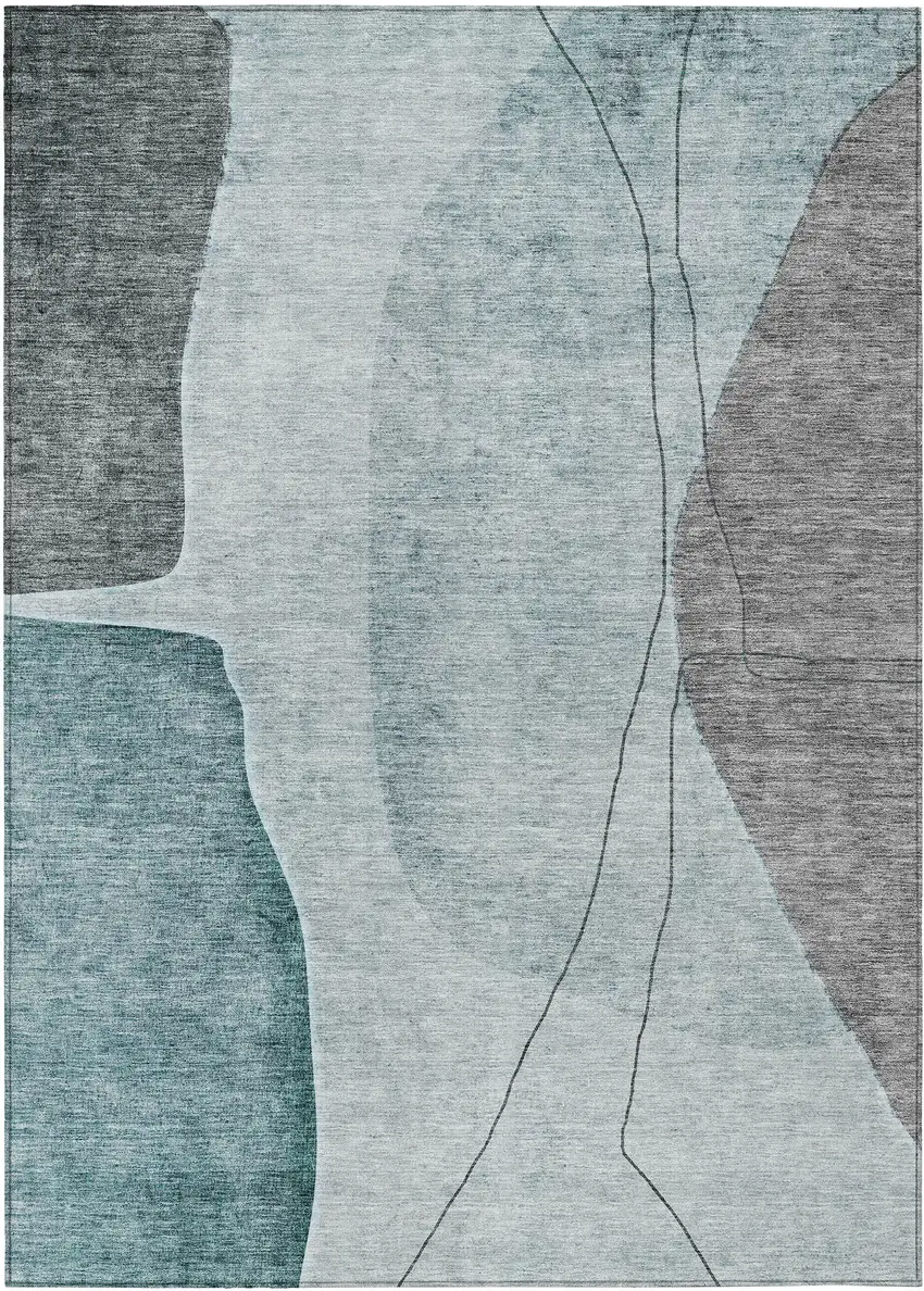 Teal Blue Aqua And Gray Abstract Washable Indoor Outdoor Area Rug Photo 1