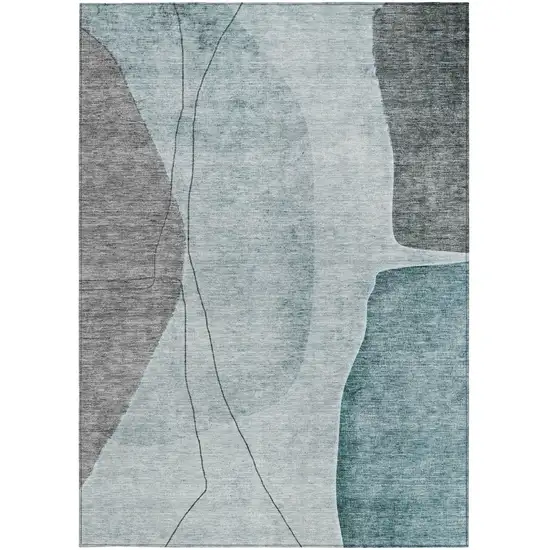 Teal Blue Aqua And Gray Abstract Washable Indoor Outdoor Area Rug Photo 5