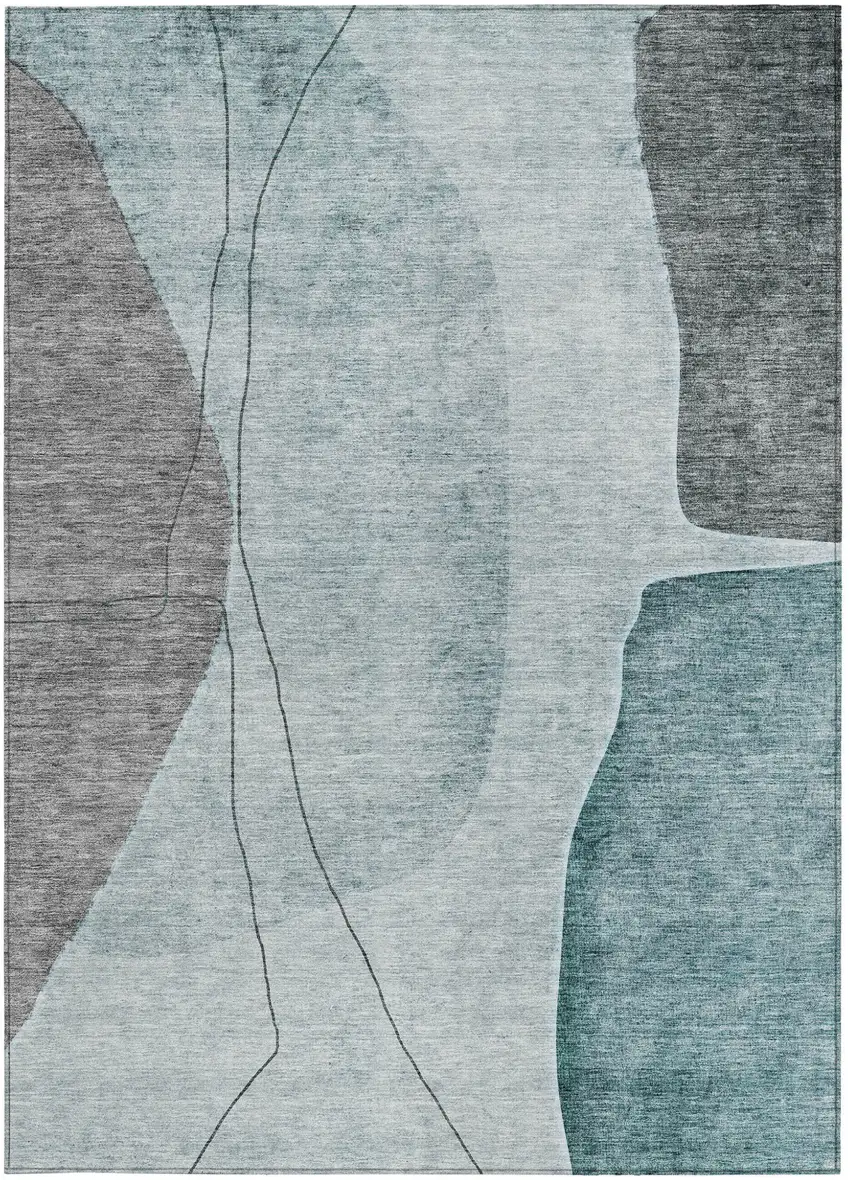 Teal Blue Aqua And Gray Abstract Washable Indoor Outdoor Area Rug Photo 5