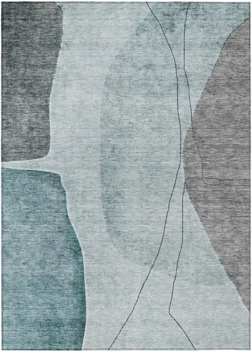 Teal Blue Aqua And Gray Abstract Washable Indoor Outdoor Area Rug Photo 1