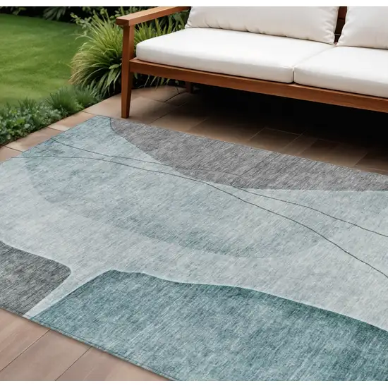 Teal Blue Aqua And Gray Abstract Washable Indoor Outdoor Area Rug Photo 1