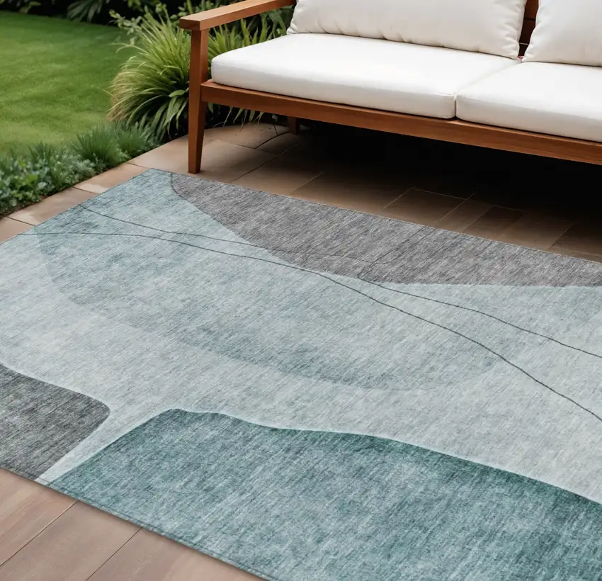 Teal Blue Aqua And Gray Abstract Washable Indoor Outdoor Area Rug Photo 1