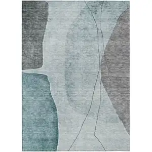 Photo of Teal Blue Aqua And Gray Abstract Washable Indoor Outdoor Area Rug