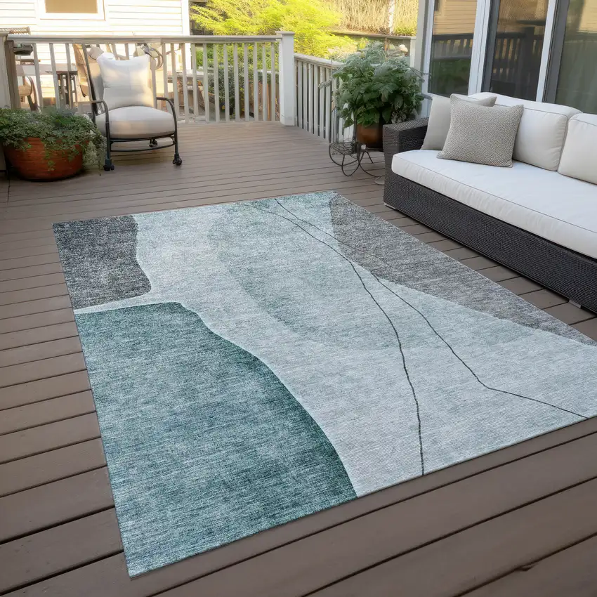Teal Blue Aqua And Gray Abstract Washable Indoor Outdoor Area Rug Photo 6