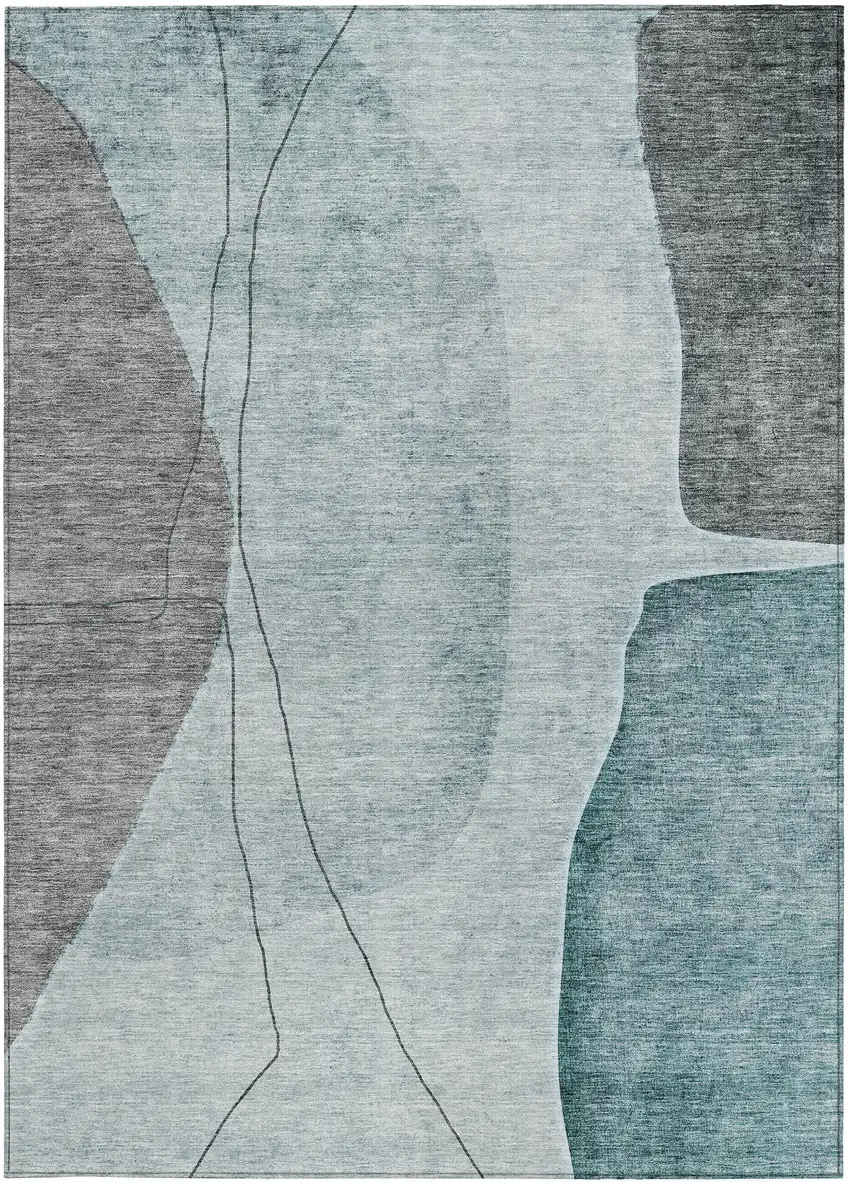 Teal Blue Aqua And Gray Abstract Washable Indoor Outdoor Area Rug Photo 5