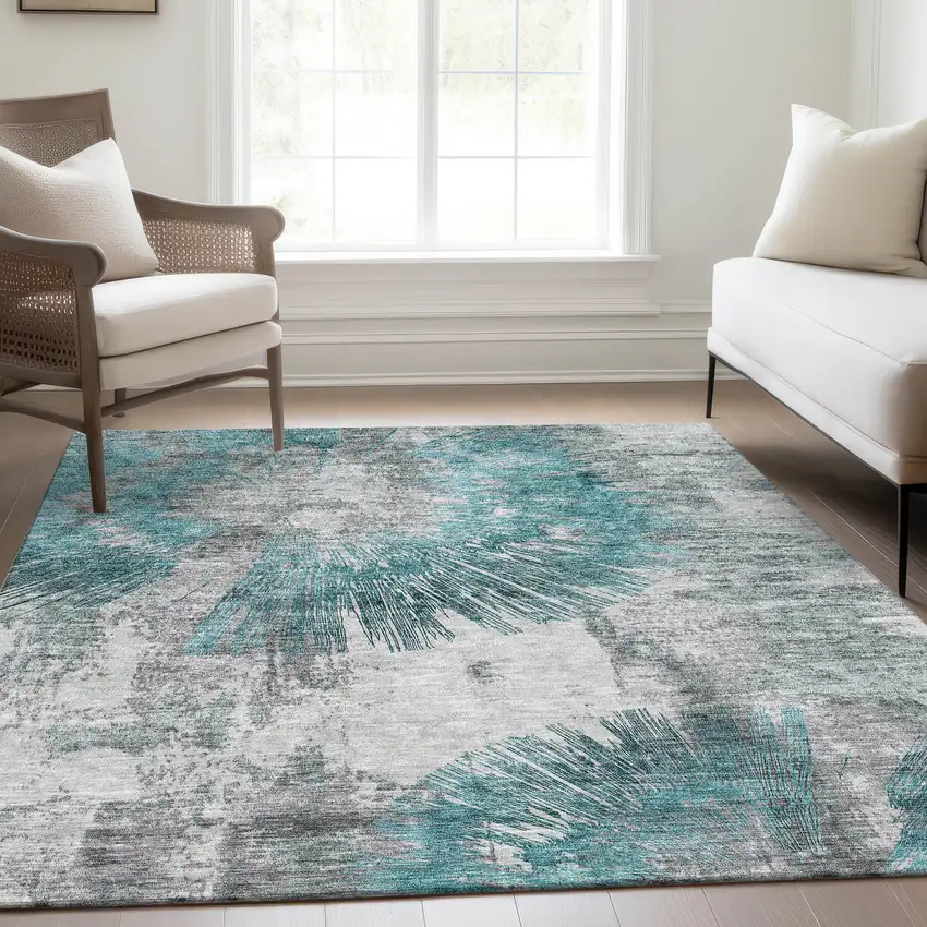 Teal Blue Aqua And Gray Abstract Washable Indoor Outdoor Area Rug Photo 8