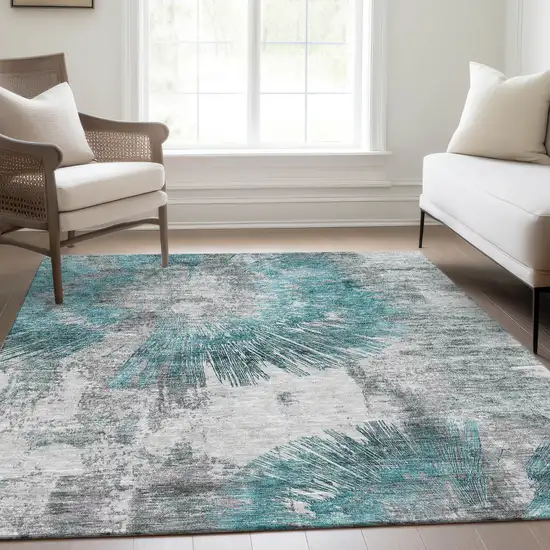 Teal Blue Aqua And Gray Abstract Washable Indoor Outdoor Area Rug Photo 8