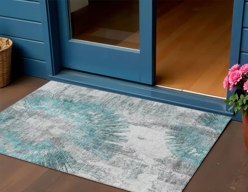 Teal Blue Aqua And Gray Abstract Washable Indoor Outdoor Area Rug Photo 1