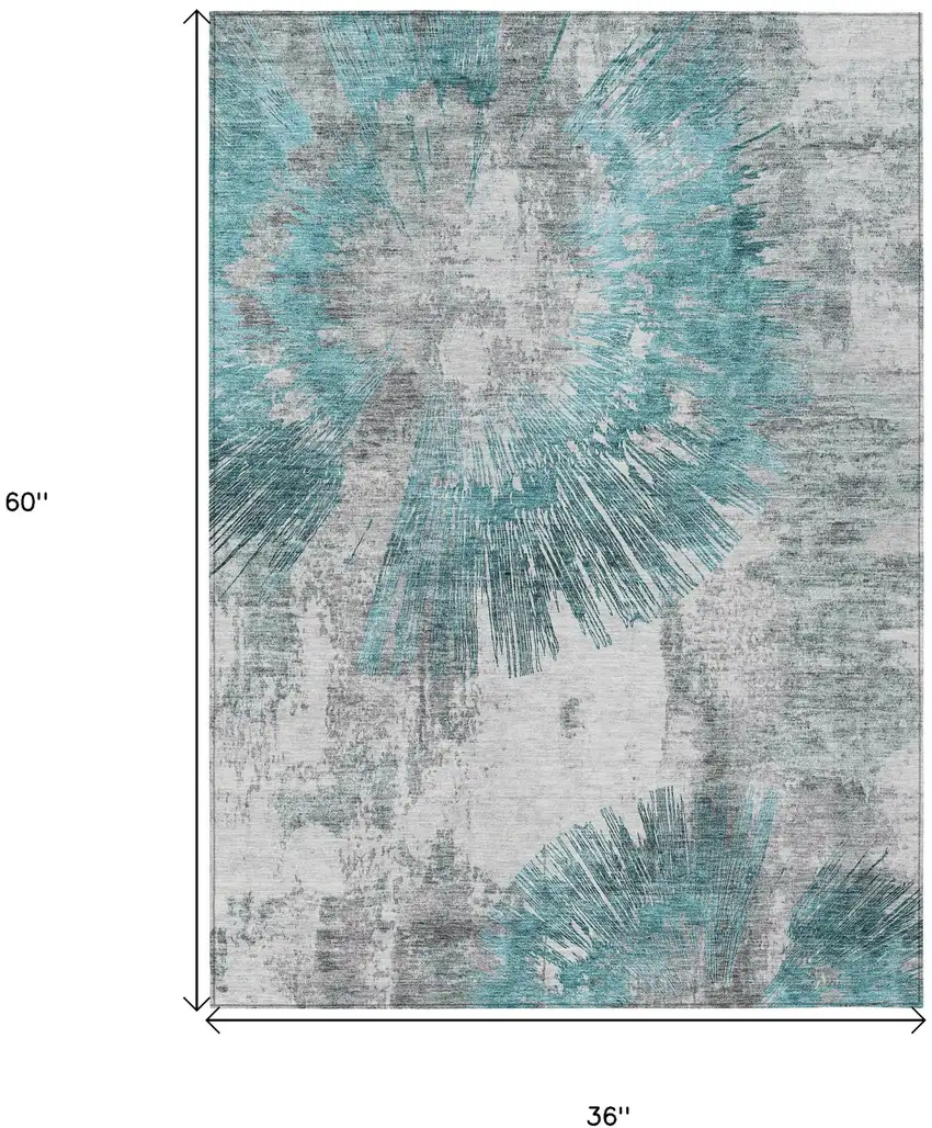 Teal Blue Aqua And Gray Abstract Washable Indoor Outdoor Area Rug Photo 7