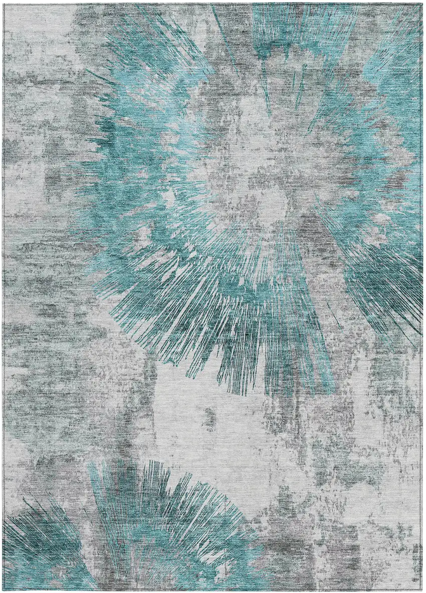 Teal Blue Aqua And Gray Abstract Washable Indoor Outdoor Area Rug Photo 6