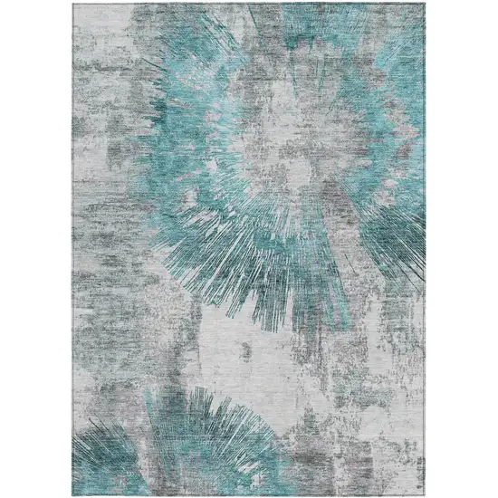 Teal Blue Aqua And Gray Abstract Washable Indoor Outdoor Area Rug Photo 6