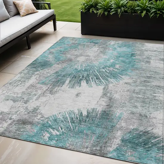 Teal Blue Aqua And Gray Abstract Washable Indoor Outdoor Area Rug Photo 1