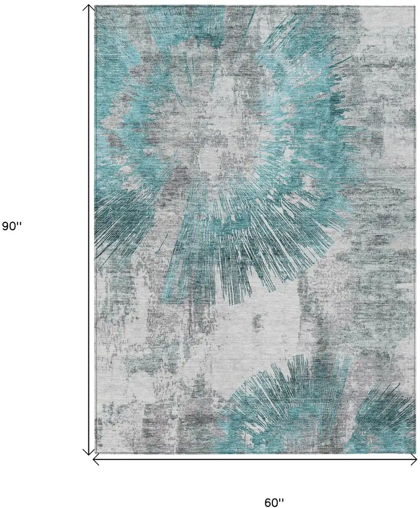 Teal Blue Aqua And Gray Abstract Washable Indoor Outdoor Area Rug Photo 3