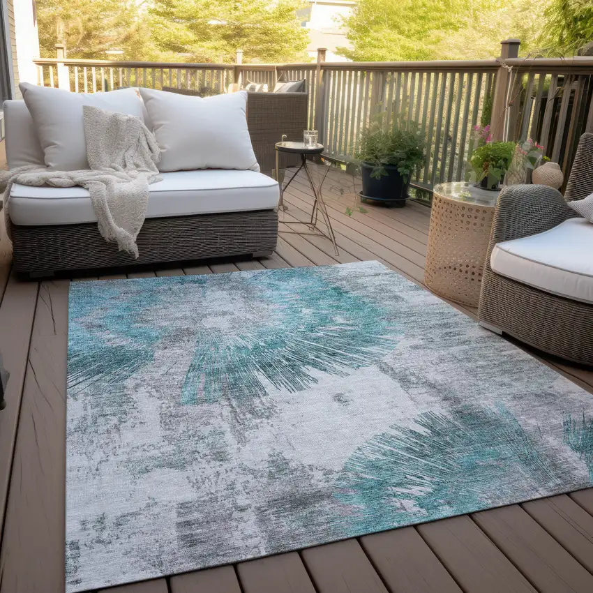 Teal Blue Aqua And Gray Abstract Washable Indoor Outdoor Area Rug Photo 9