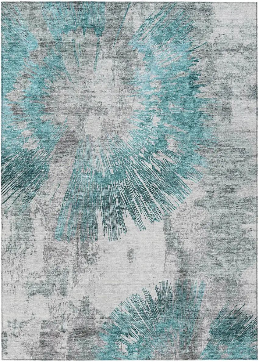 Teal Blue Aqua And Gray Abstract Washable Indoor Outdoor Area Rug Photo 1