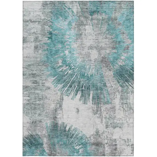 Teal Blue Aqua And Gray Abstract Washable Indoor Outdoor Area Rug Photo 7