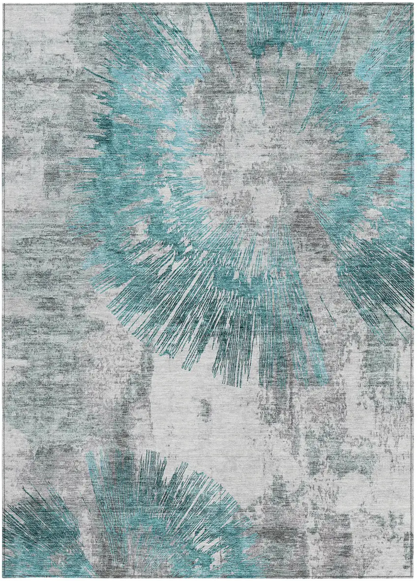 Teal Blue Aqua And Gray Abstract Washable Indoor Outdoor Area Rug Photo 7