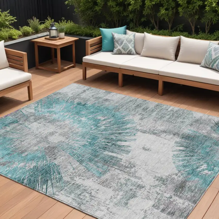 Teal Blue Aqua And Gray Abstract Washable Indoor Outdoor Area Rug Photo 1