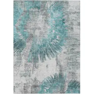 Photo of Teal Blue Aqua And Gray Abstract Washable Indoor Outdoor Area Rug