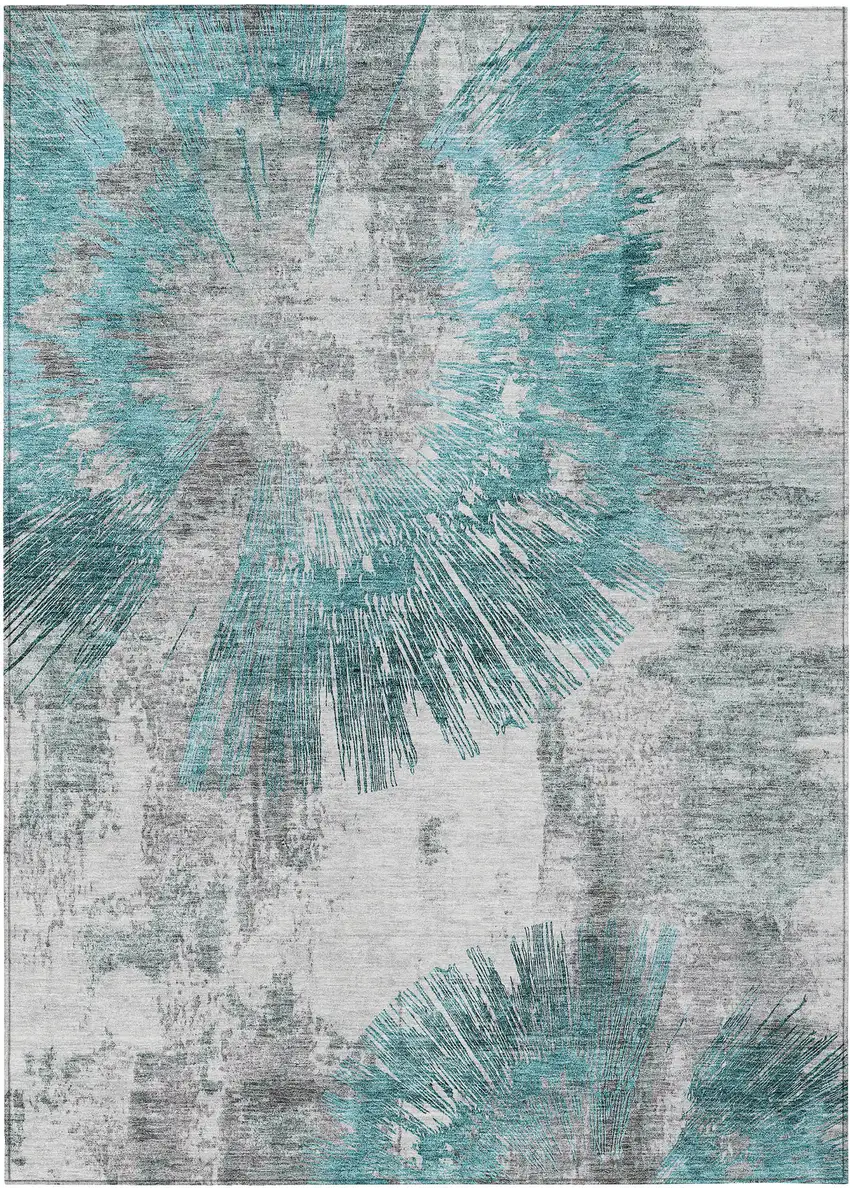 Teal Blue Aqua And Gray Abstract Washable Indoor Outdoor Area Rug Photo 1