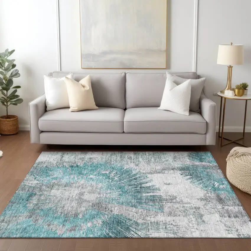 Teal Blue Aqua And Gray Abstract Washable Indoor Outdoor Area Rug Photo 9