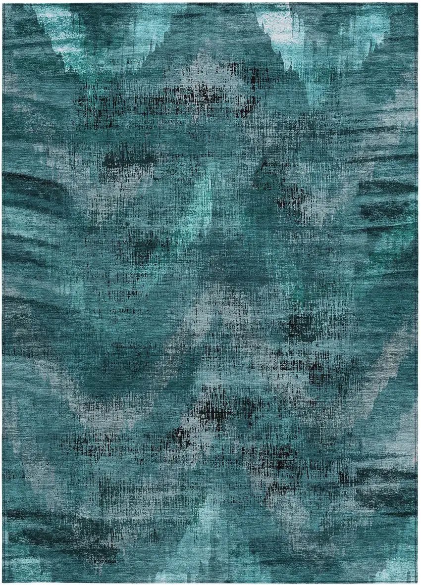Teal Blue Aqua And Gray Abstract Washable Indoor Outdoor Area Rug Photo 7