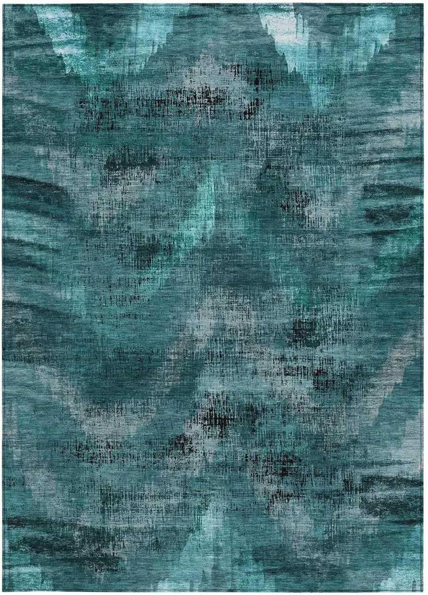 Teal Blue Aqua And Gray Abstract Washable Indoor Outdoor Area Rug Photo 7