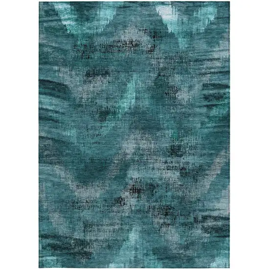 Teal Blue Aqua And Gray Abstract Washable Indoor Outdoor Area Rug Photo 7