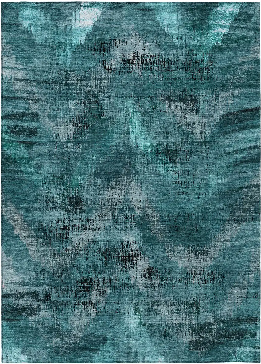 Teal Blue Aqua And Gray Abstract Washable Indoor Outdoor Area Rug Photo 2